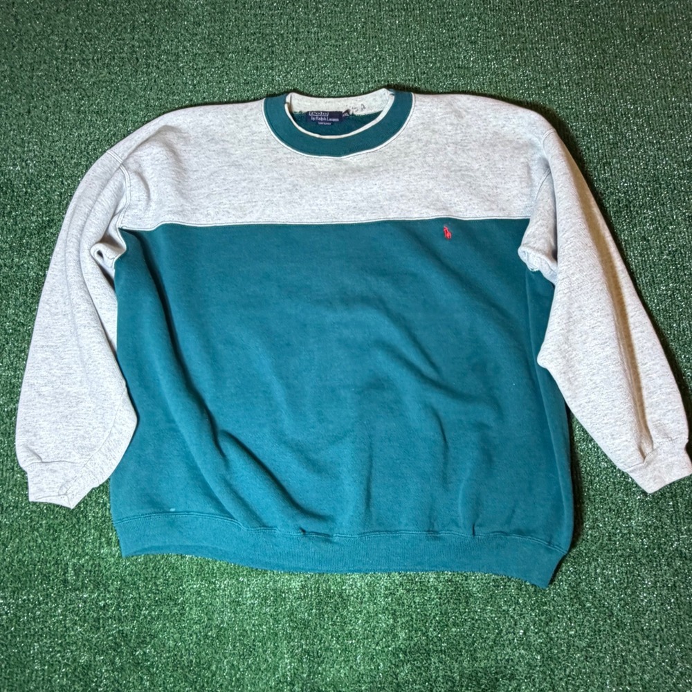 Vintage Polo Ralph Lauren Sweatshirt XXL Teal Grey Colorblock Made in USA Pony